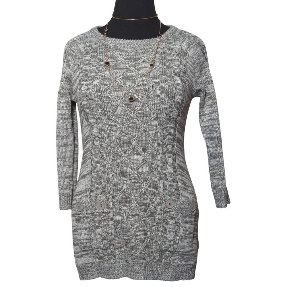 Effeci M Gray Knit Sweater Tunic Long Sleeve Acrylic Textured Womens Pocket Hem